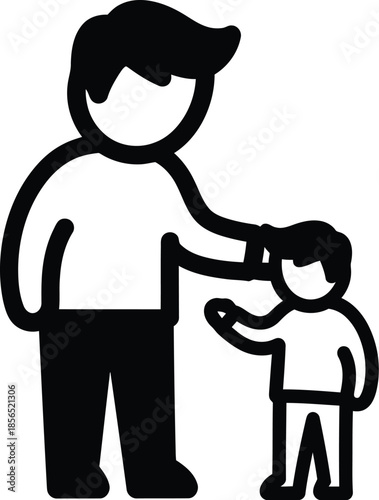 Simple black and white outline icon illustrating a father figure lovingly placing his hand upon a small child’s head in a gesture of guidance and support