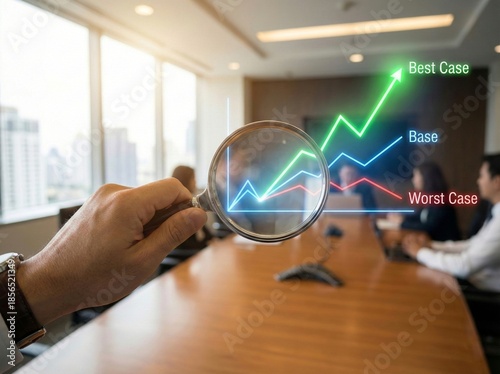 Strategic Business Forecasting with Holographic Data Visualization Showing Best Base and Worst Case Scenarios