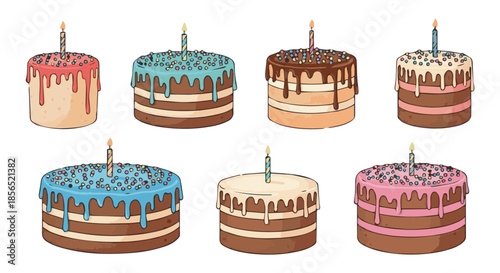 Colorful Birthday Cakes with Dripping Frosting and Candles, Decorated with Sprinkles on a White Background Illustration