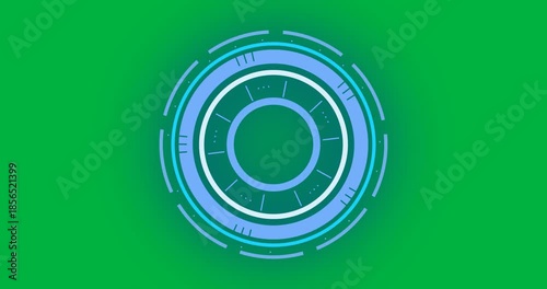 Animation of blue and green scope scanning and spinning on black background