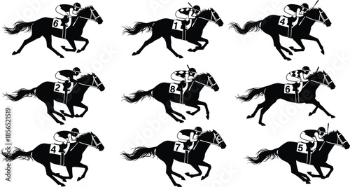 Horse racing jockey silhouettes in motion, black and white thoroughbred racehorses running fast, equestrian sports illustration set, betting competition concept artwork