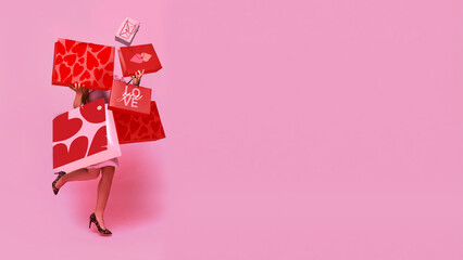 Dynamic artwork with woman balancing multiple shopping bags. Concept of valentine retail rush, holiday shopping behavior, ecommerce advertising visuals, seasonal sales promotion, consumer lifestyle.