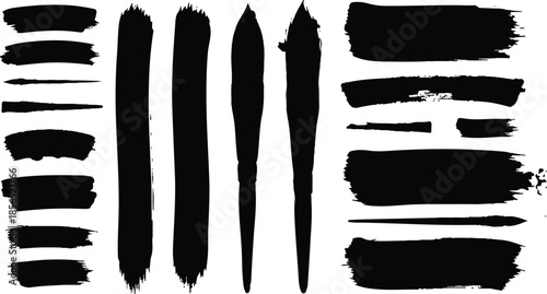 Grungy vector set of black ink splashes and paint brush strokes creating a dirty old texture frame border element for a silhouette sketch design illustration
