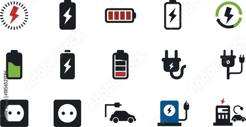 Collection of various battery icons showing charge levels power indicators plugs and electric vehicle charging station symbols vector set
