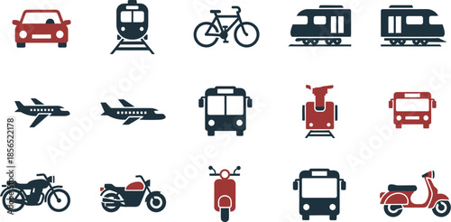 Collection of stylized transportation icons featuring various modes of travel including automobiles trains airplanes motorcycles bicycles buses and trams presented in contrasting colors.