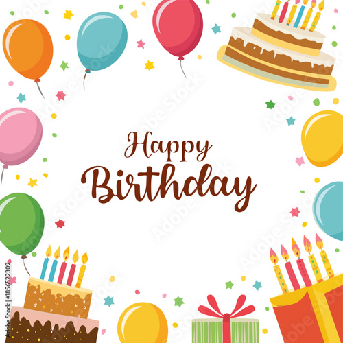Happy Birthday text with colorful balloons, cakes and gifts greeting card