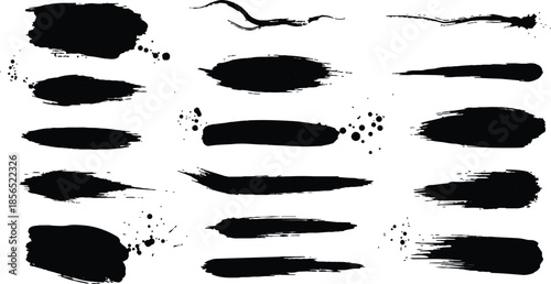 Set of black ink splashes and stains with grunge texture brush strokes and vintage splat design elements for vector frame border illustration