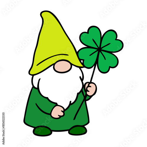 Día de San Patricio. Dibujo sencillo con lineas de leprechaun o gnomo sujetando un trébol de 4 hojas	