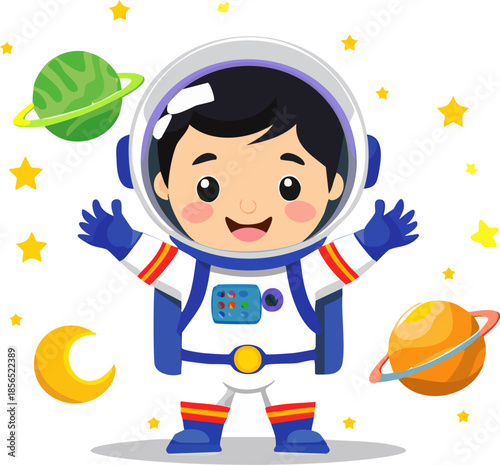 Charming young astronaut kid smiling with planets and stars floating around