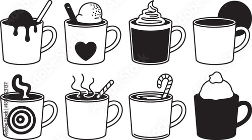 Eight black and white line art icons of hot chocolate mugs with various toppings and designs drink beverage