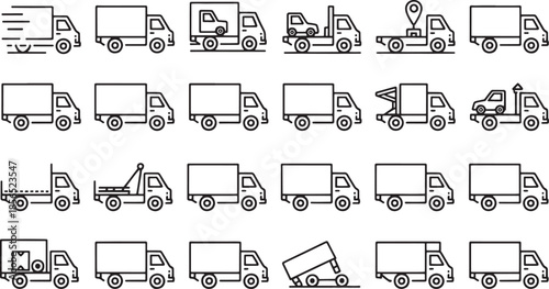 Collection of outline style icons depicting various types of trucks and delivery vehicles lorry