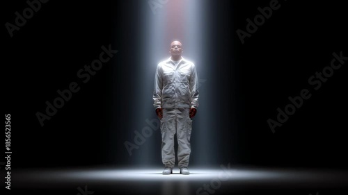 A person dressed in white stands still in a dark room. Bright beams of light illuminate them from above while creating a dramatic and suspenseful environment