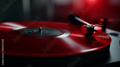 In a cozy room, a turntable spins vibrant red vinyl records under soft lighting. The atmosphere invites relaxation and nostalgia as music fills the air