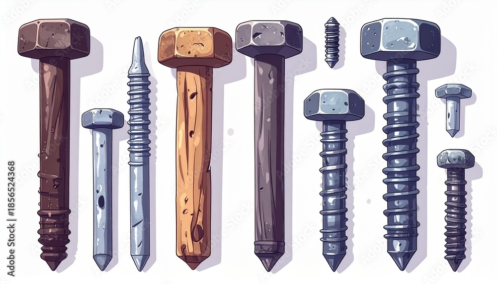 Fototapeta premium Various types of screws and bolts arranged in a row on a plain background