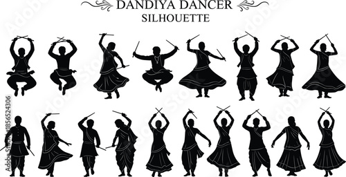 Dandiya dancer silhouette collection, Indian folk dance Garba Navratri traditional costume rhythmic movement cultural festival vector illustration set celebration heritage art design black figures