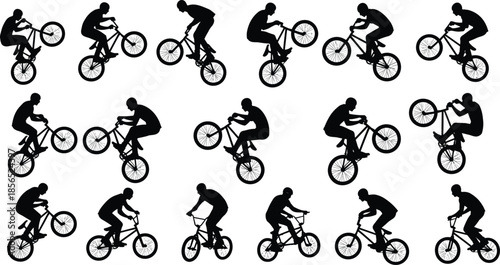 Silhouette, BMX, rider, performing, freestyle, bike, tricks, sequence, isolated, on, white, background, extreme, sports, motion, cycling, illustration, collection, vector,