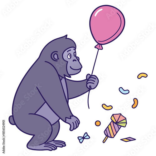 A Curious Gorilla with with a balloon in a Birthday theme – Candy Shop palette SVG illustration