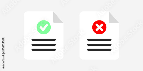 Approved document and rejected document. Paper with tick check mark and cross mark. Flat vector design isolated illustration.
