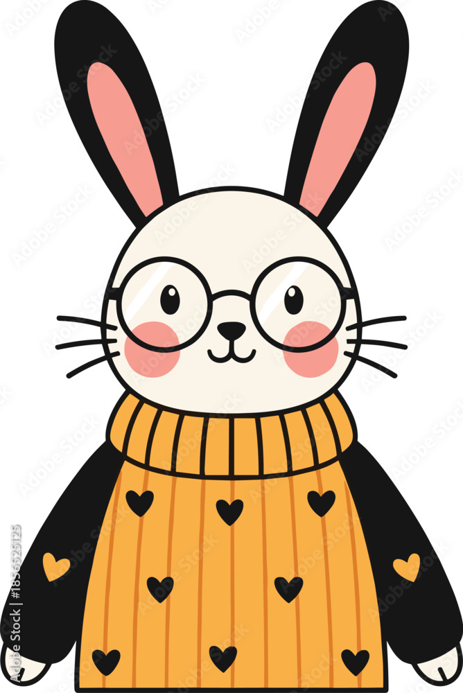 Obraz premium Cute Bunny Wearing Sweater Cartoon Character Flat Vector Illustration for Children, Nursery, Winter, Mascot, and Cozy Animal Design