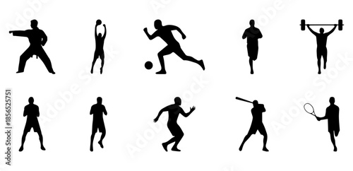 Sports man silhouettes set, male athletes in different action poses, soccer baseball tennis karate and weightlifting