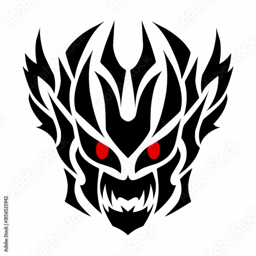 Tribal Dragon Demon Skull Vector Art, Fierce Black Mythical Creature with Red Eyes