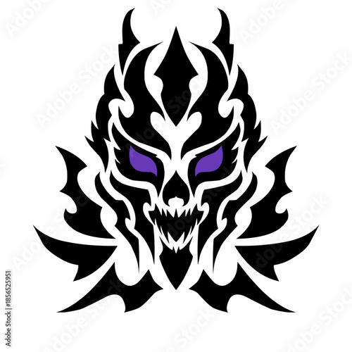 Tribal Demonic Skull Vector Art, Sharp Black Flame Motif with Glowing Purple Eyes