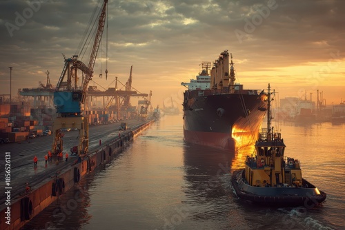 Departing vessel at a busy port terminal with mooring crew guiding lines and a standby tug ready for towage at sunset