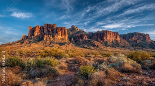 Desert panorama: red rock peaks and blue sky in the Superstition range