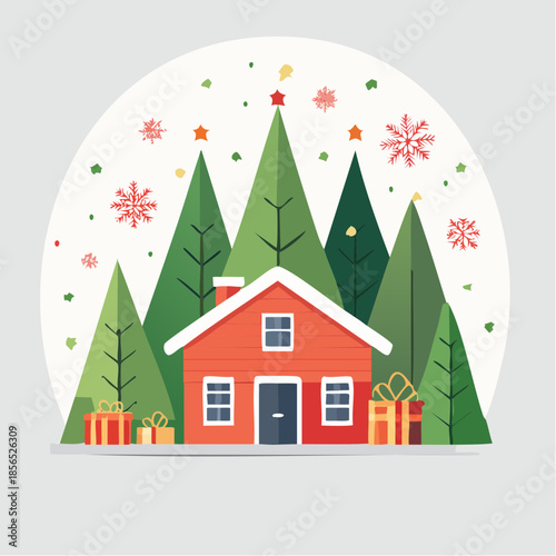 Cozy winter cabin nestled among snow-covered trees with festive presents