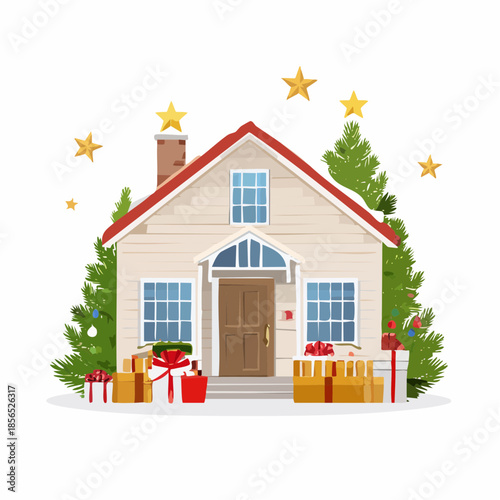 Cozy house with Christmas decorations and gifts on a snowy day outside