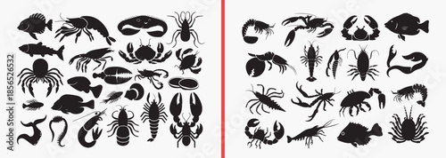 sea animal silhouettes vector, marine creature clipart, ocean life svg bundle, underwater animal shadows, sea wildlife illustration, aquatic animals vector set, marine biology graphics, ocean creature