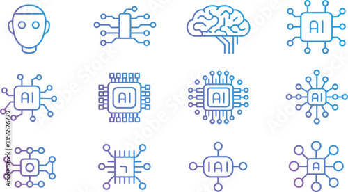 Set of artificial intelligence icons featuring robotic heads circuits brains and ai processing symbols outline style