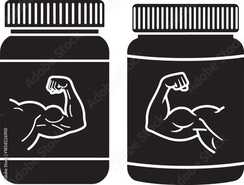 Two black supplement jars with bicep icon