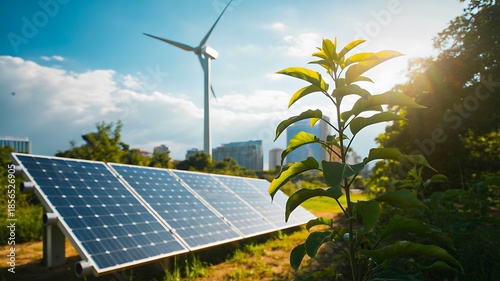 Renewable energy with solar panels wind turbine and green nature