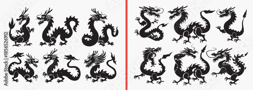 dragon silhouette vector, fantasy dragon clipart, mythical creature illustration, dragon svg bundle, oriental dragon shadows, fire dragon design, legendary monster vector, tattoo dragon art, black dra