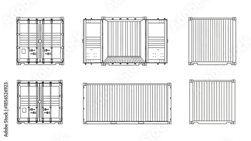 Technical drawing of industrial metal cages in various perspectives and configurations