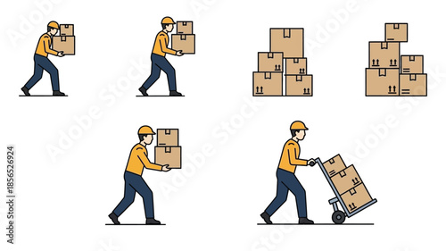Illustrative sequence of workers carrying and transporting cardboard boxes with equipment