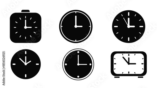 Collection of minimalist black and white clock icons in various styles