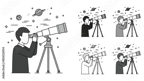 A man observing the cosmos with a telescope illustrated in a vector style