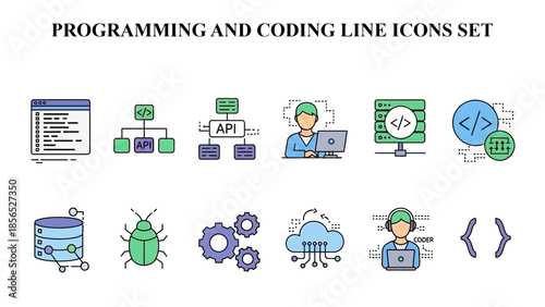 Set of colorful flat icons illustrating various software development concepts including coding debugging cloud infrastructure and application programming interface integration