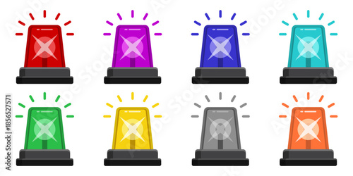 Alarm siren icon set collection in flat style. Emergency lamp vector illustration on isolated background. Ambulance and police light bulb sign business concept.