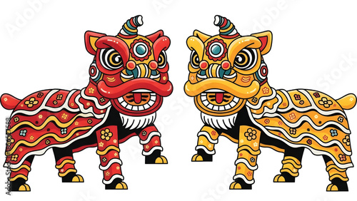 Chinese New Year lion dance vector illustration, red and yellow lions dancing in unison