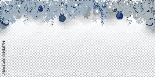 Festive christmas decorations with blue ornaments and snowy branches border