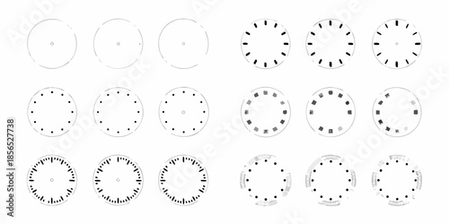 A series of circular clocks displaying different times and phases visually