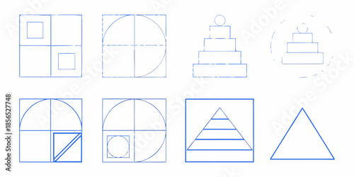 Geometric shapes and their progressive sketches cubes cylinders cones and triangles