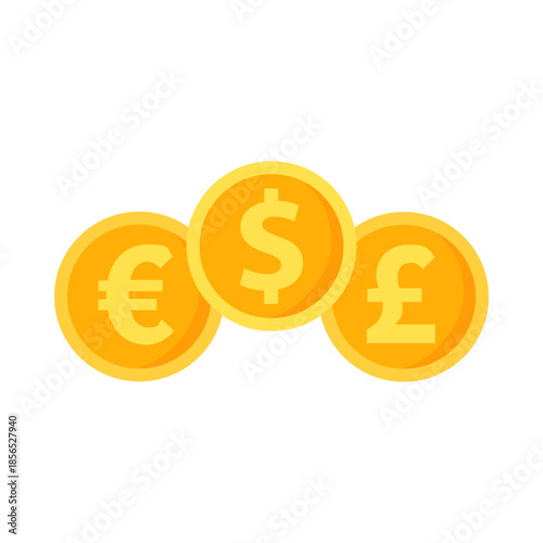 Foreign currency coins. Dollar, euro and pound. Financial, banking, exchange, commerce concepts. Flat vector design isolated illustration.