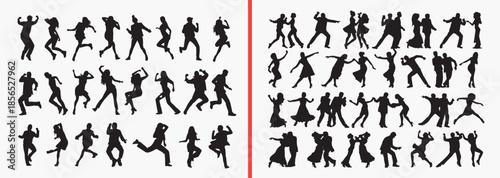 dancing people silhouettes, action human poses vector, energetic movement clipart, street dance illustration, party dancer svg, active people shadows, performance pose graphics, urban dance vector set