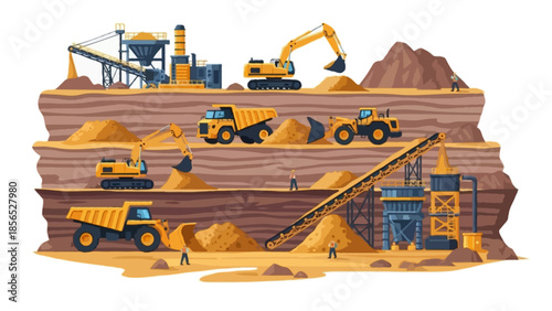 A detailed flat vector illustration of an open-pit gold mining site