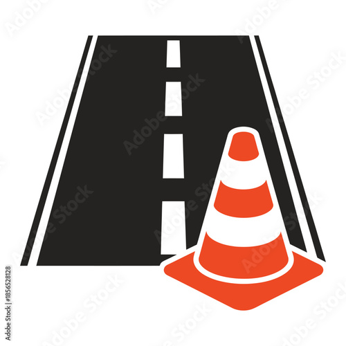 Isolated road pictogram with red traffic cone, road closure, street block, detour direction, construction warning, and transportation safety signage, vector