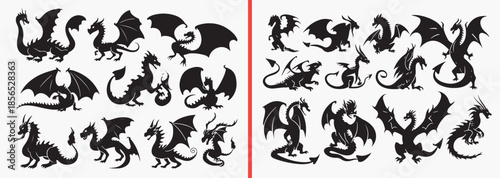 dragon silhouette vector, fantasy dragon clipart, mythical creature svg, flying dragon shadows, fire dragon illustration, monster silhouette pack, legendary dragon design, tattoo dragon vector, black 
